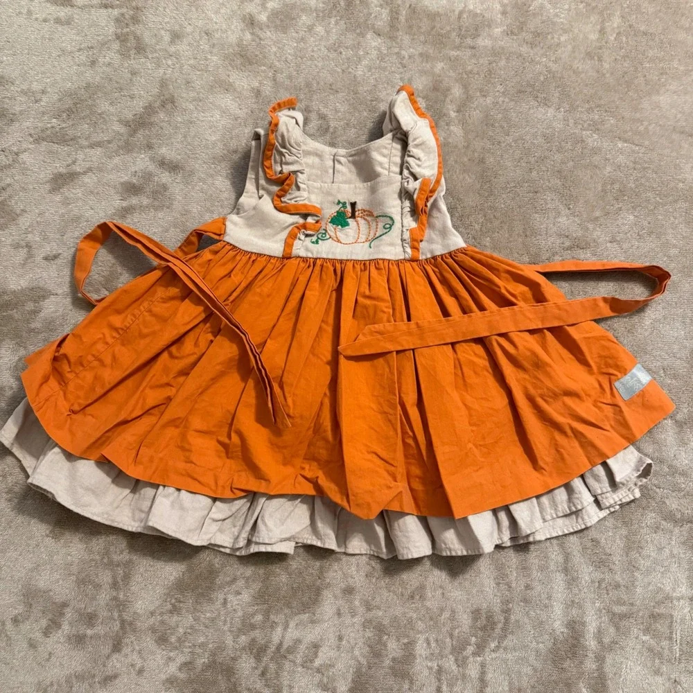 Eleanor Rose Adalyn Pumpkin Embroidered Dress Orange Tan Ruffle Girls Size 2